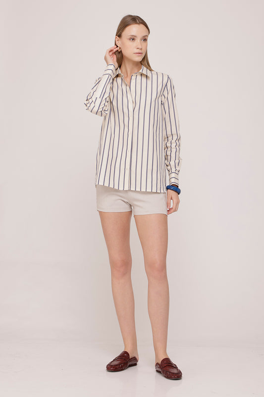 Cream Whit Blue Stripes Long Sleeve Buttoned Shirt