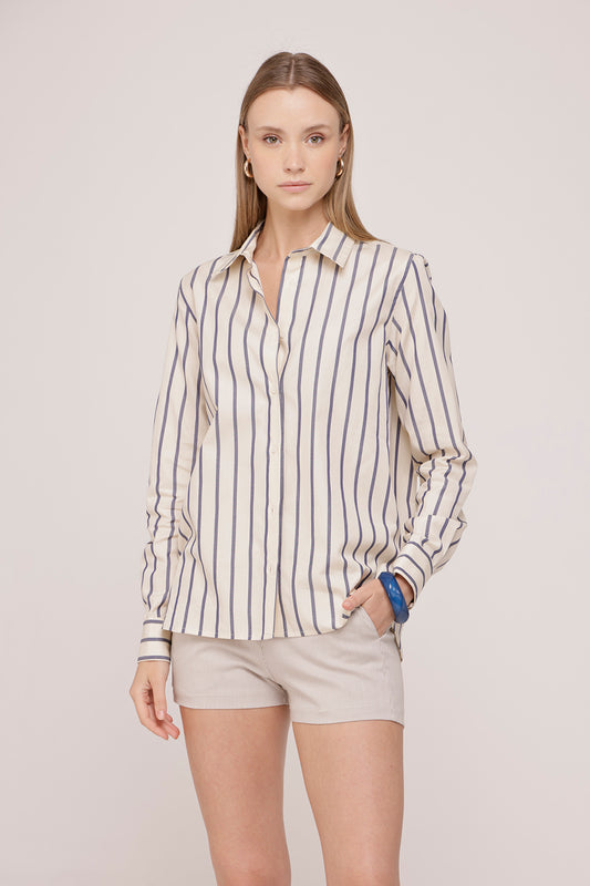 Cream Whit Blue Stripes Long Sleeve Buttoned Shirt