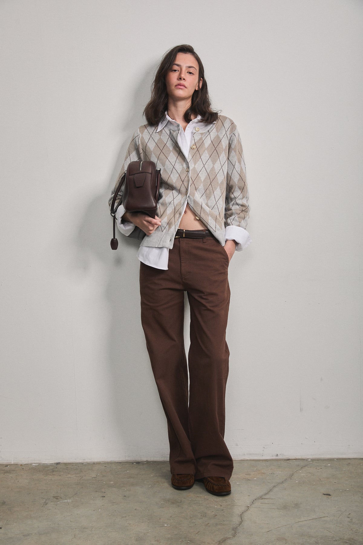 Noelle Argyle Cardigan Light Grey
