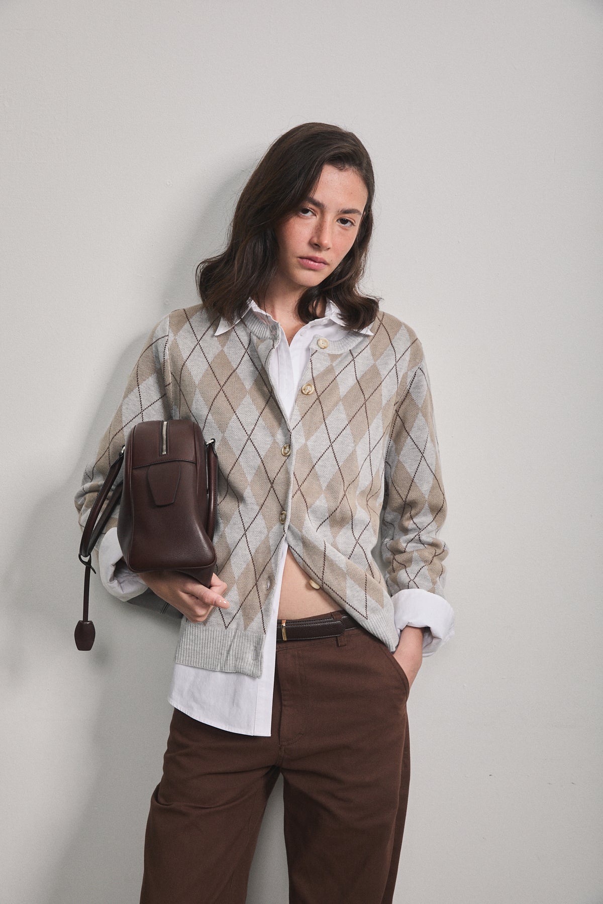 Noelle Argyle Cardigan Light Grey