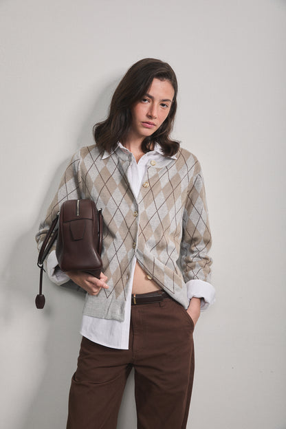 Noelle Argyle Cardigan Light Grey