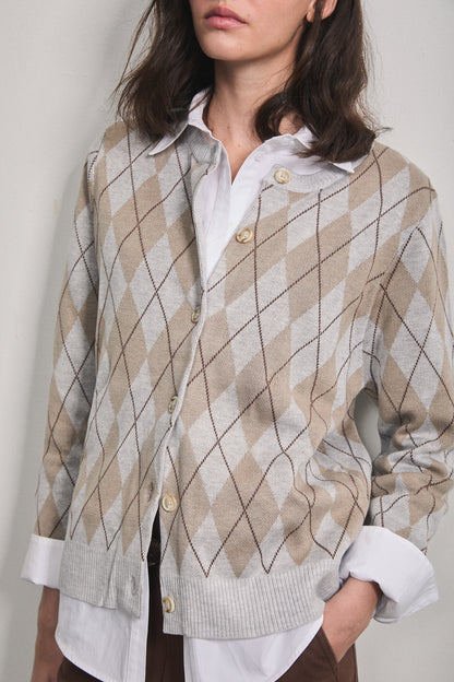 Noelle Argyle Cardigan Light Grey