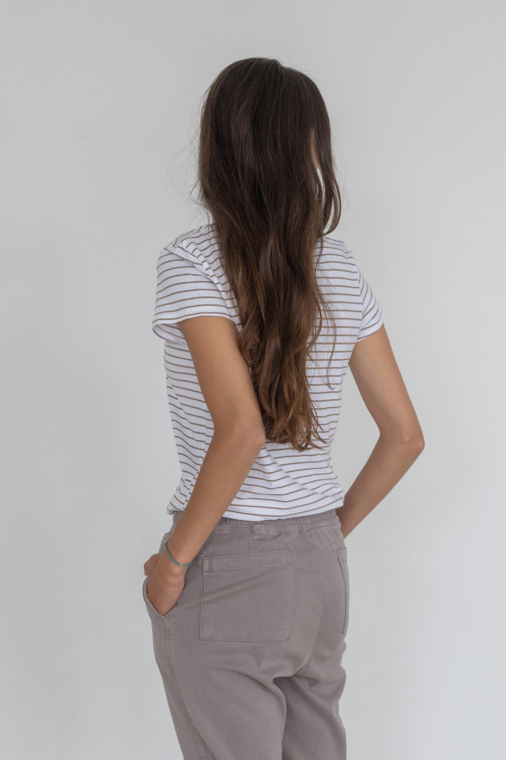 Cotton V T-Shirt White And Brown Stripes
