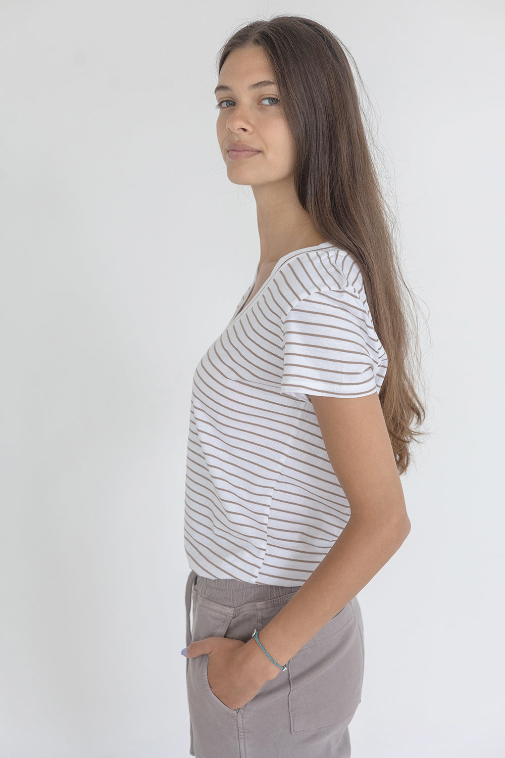Cotton V T-Shirt White And Brown Stripes
