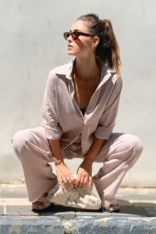 Pink Linen Long Sleeve Buttoned Shirt