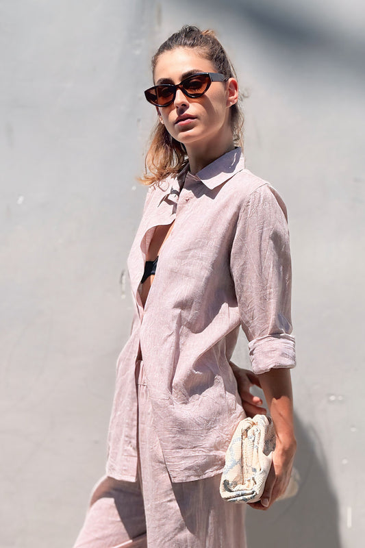 Pink Linen Long Sleeve Buttoned Shirt