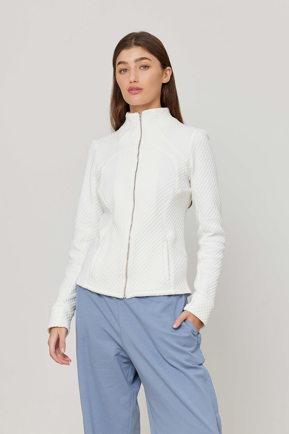 Elegant Slim Fit Zipper Sweatshirt White Quilt