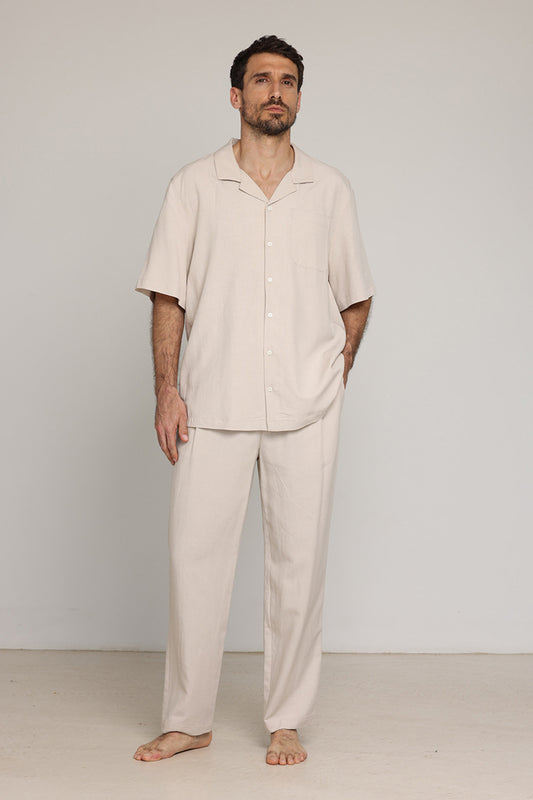 Short Sleeve Buttoned Shirt For Men Beige