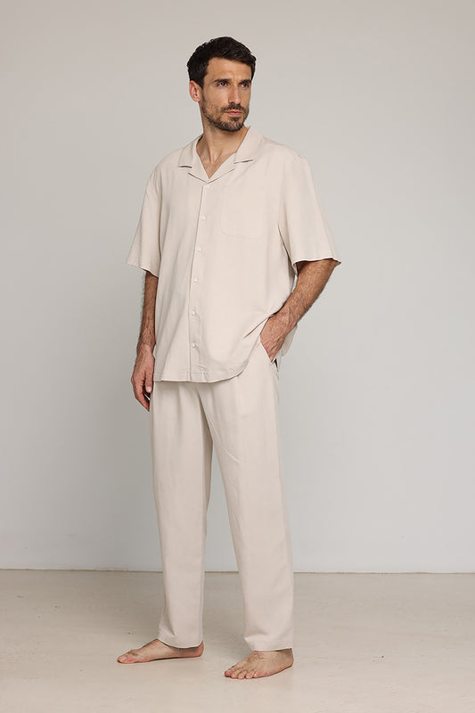 Short Sleeve Buttoned Shirt For Men Beige