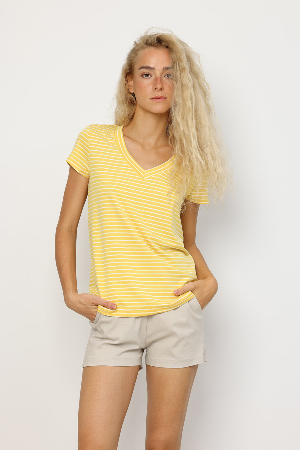 Cotton V T-Shirt Yellow Stripes