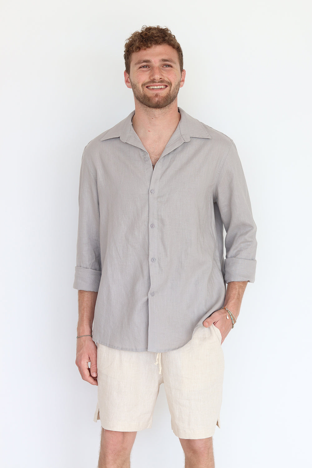 Gray Linen Long Sleeve Buttoned Shirt For Men