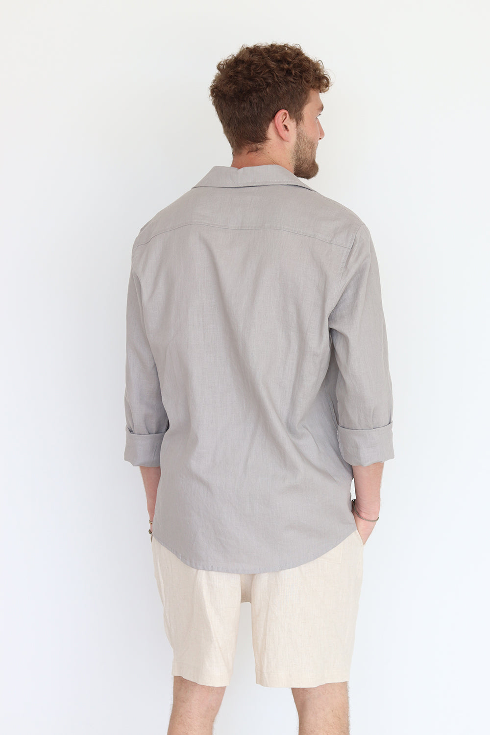 Gray Linen Long Sleeve Buttoned Shirt For Men