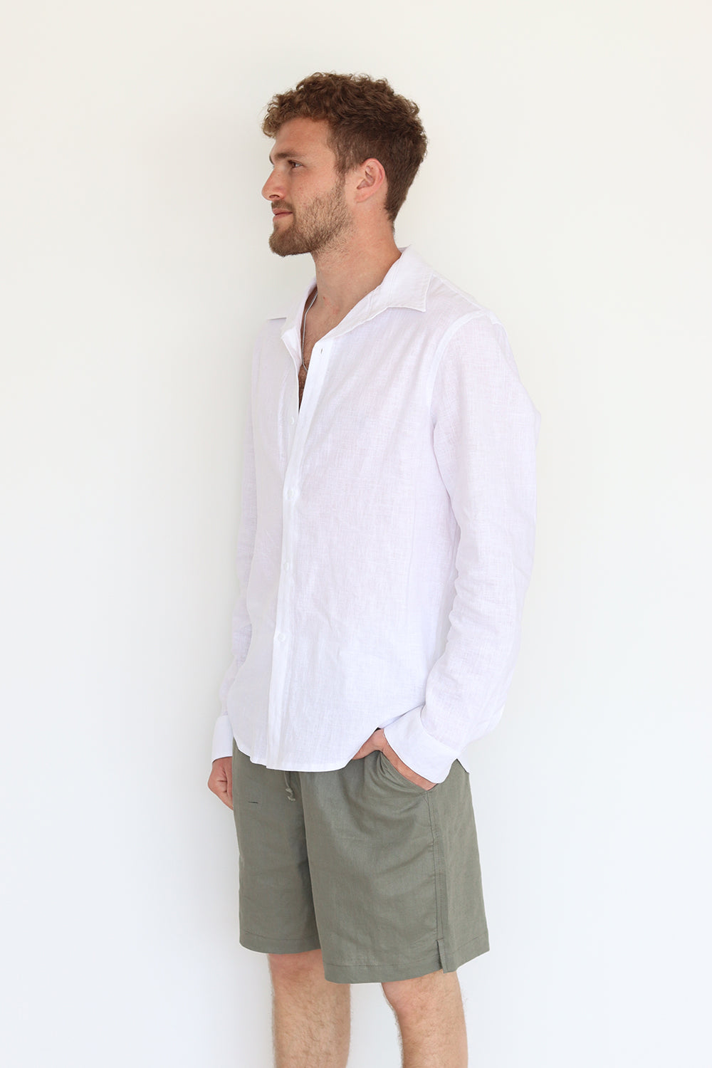 White Linen Long Sleeve Buttoned Shirt For Men
