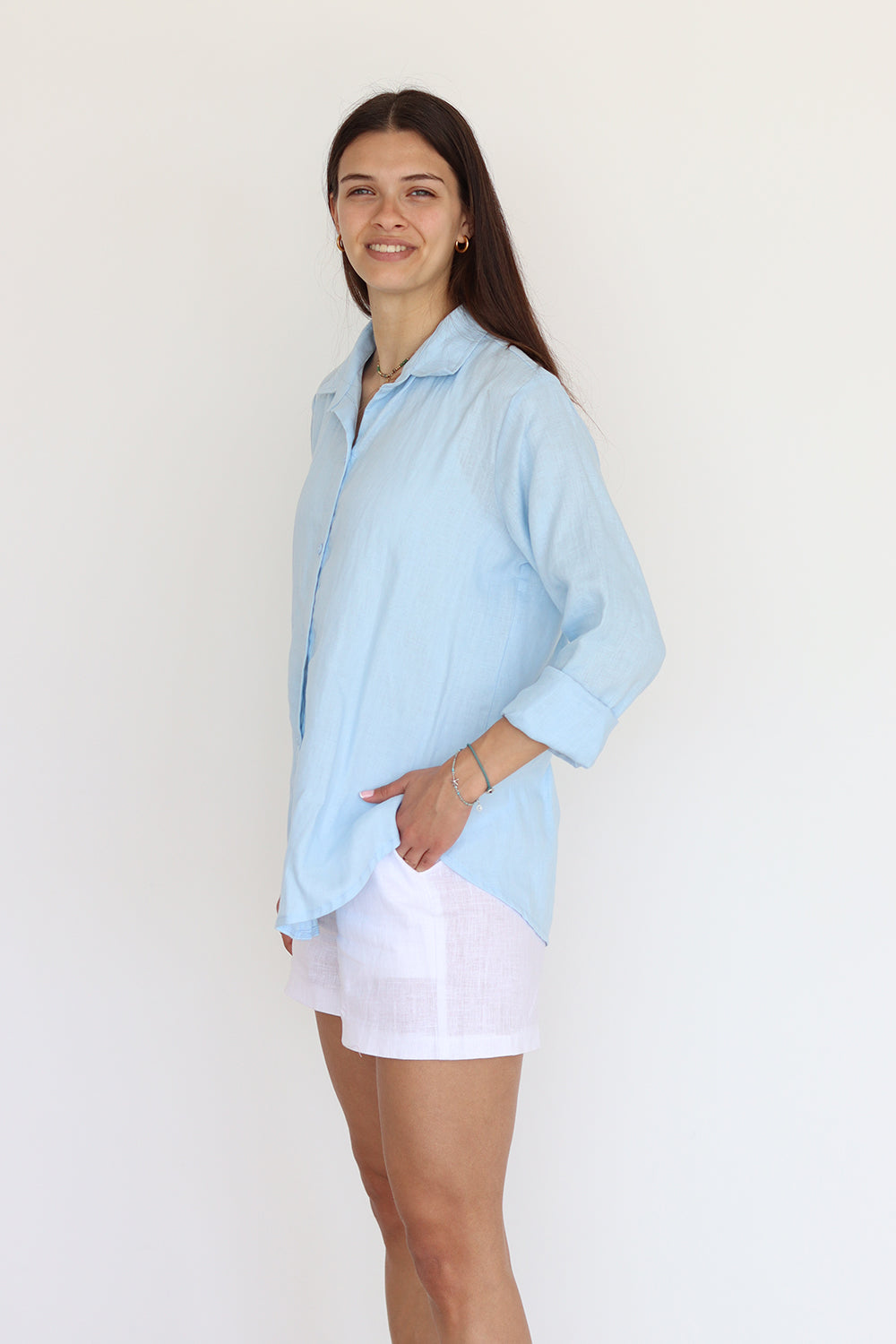 Light Blue Linen Long Sleeve Buttoned Shirt