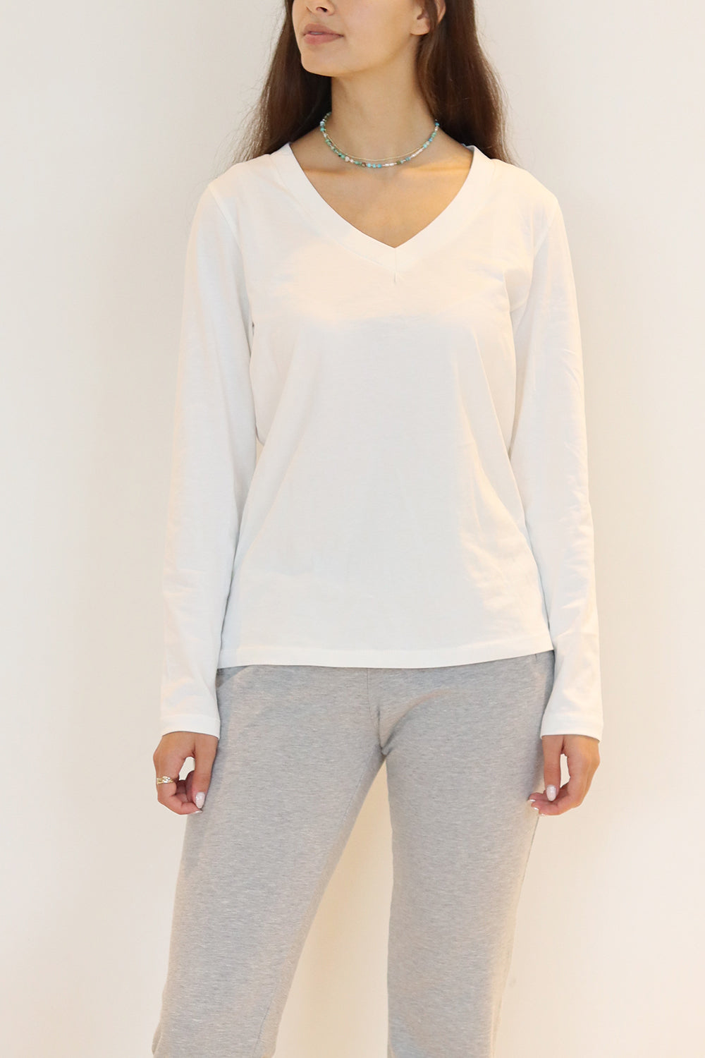 White Long Sleeve V T-Shirt