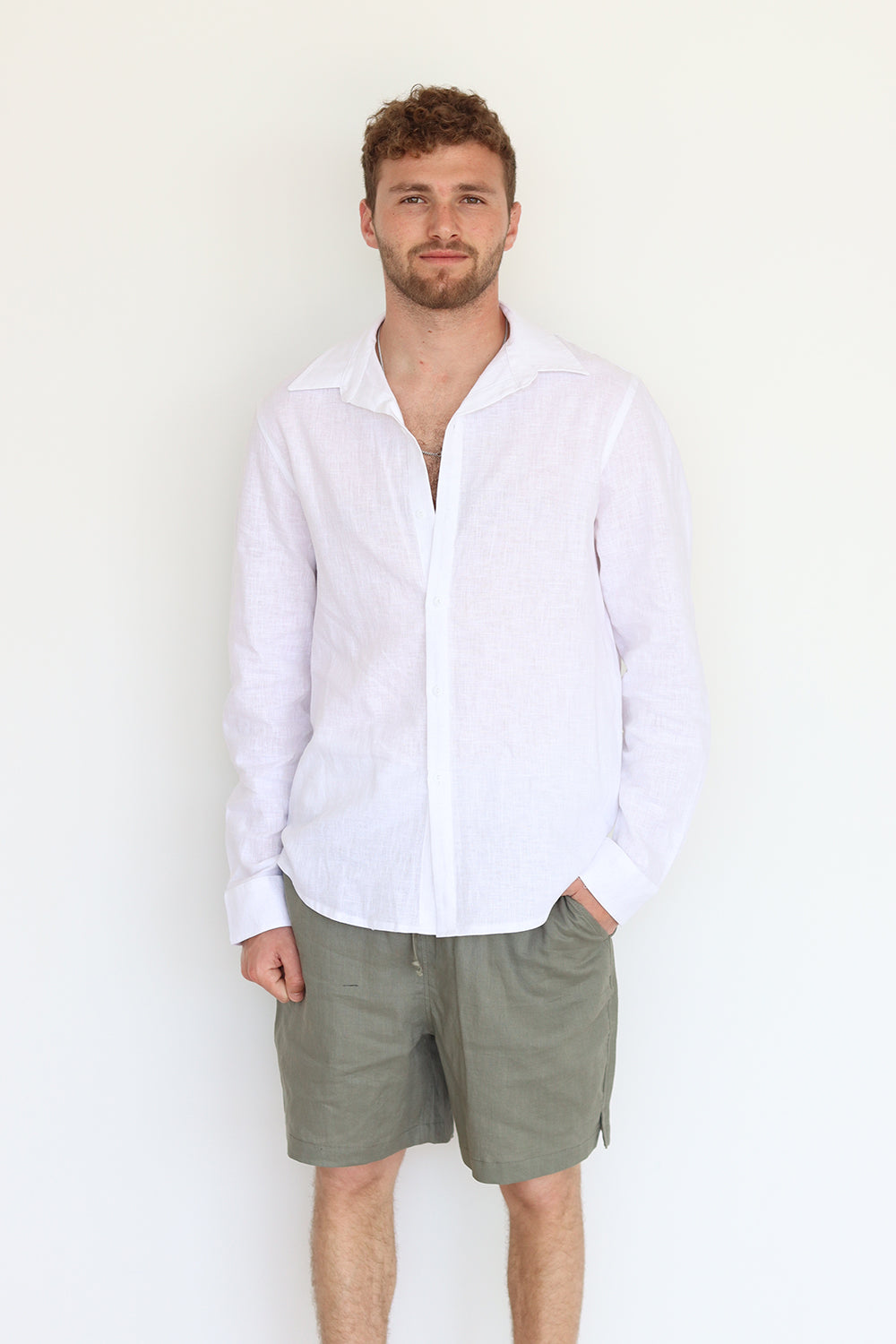 White Linen Long Sleeve Buttoned Shirt For Men