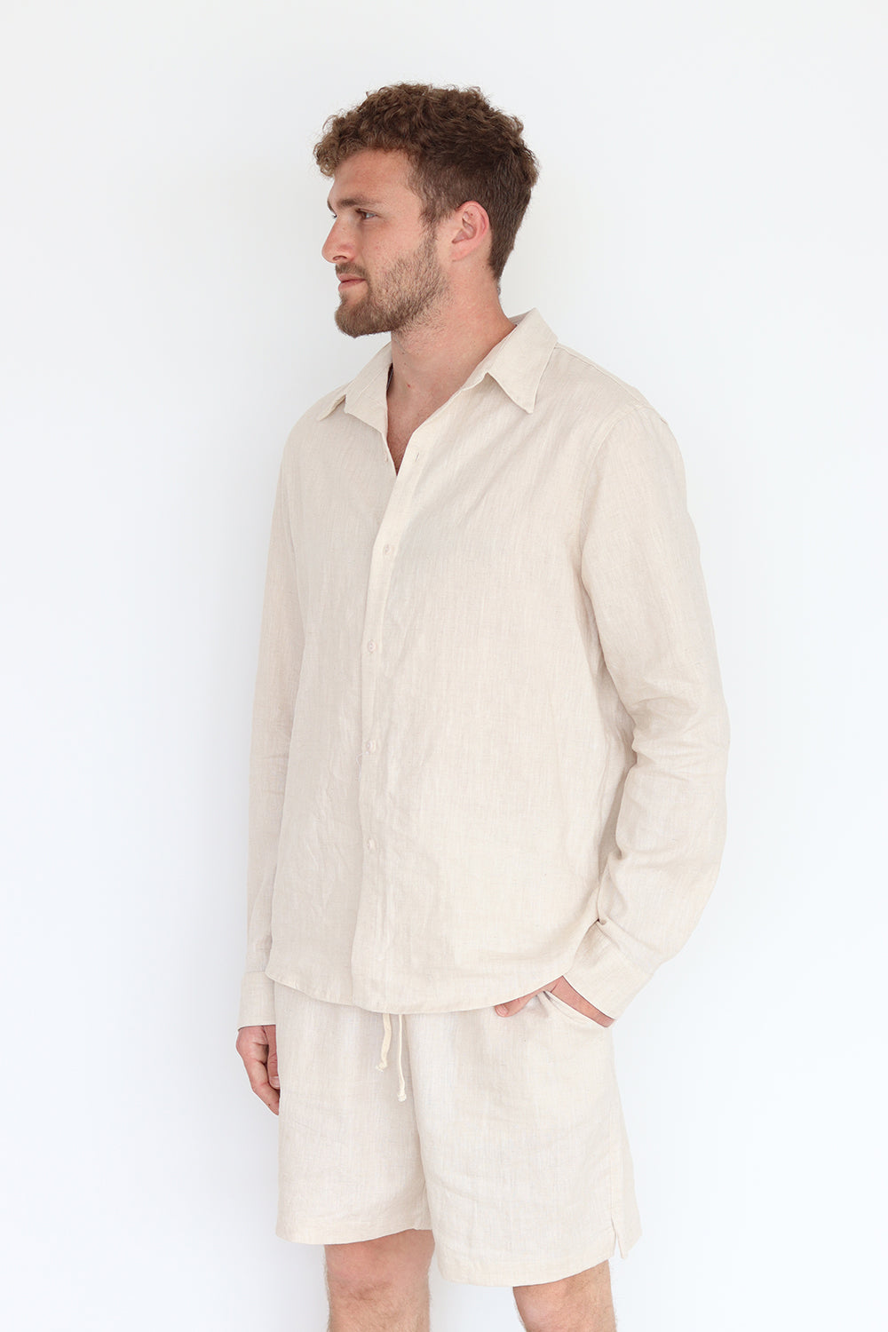 Natural Linen Long Sleeve Buttoned Shirt For Men